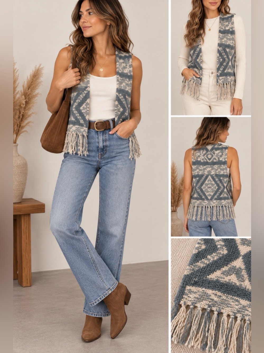Pink Rose Geometric Knit Fringe Vest Boho Southwestern Open Front
